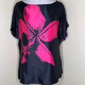 Roberto Verino 100% Silk Top 10 Black Pink Floral Boat Neck Chic Designer Blouse